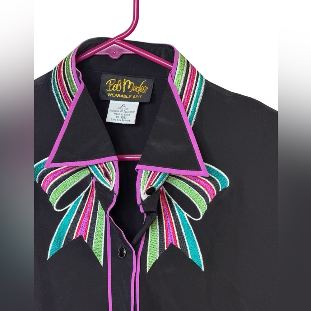 Bob Mackie Wearable Art Black Silk Blouse XL Striped Collar Bow Detail - Picture 3 of 8